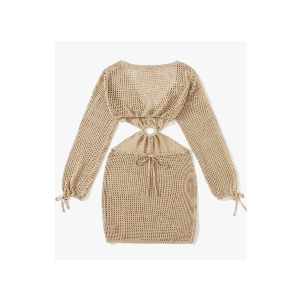 Tan Crochet Long Sleeve Knit Swim Beach Crochet Dress Cover Up - Picture 4 of 10